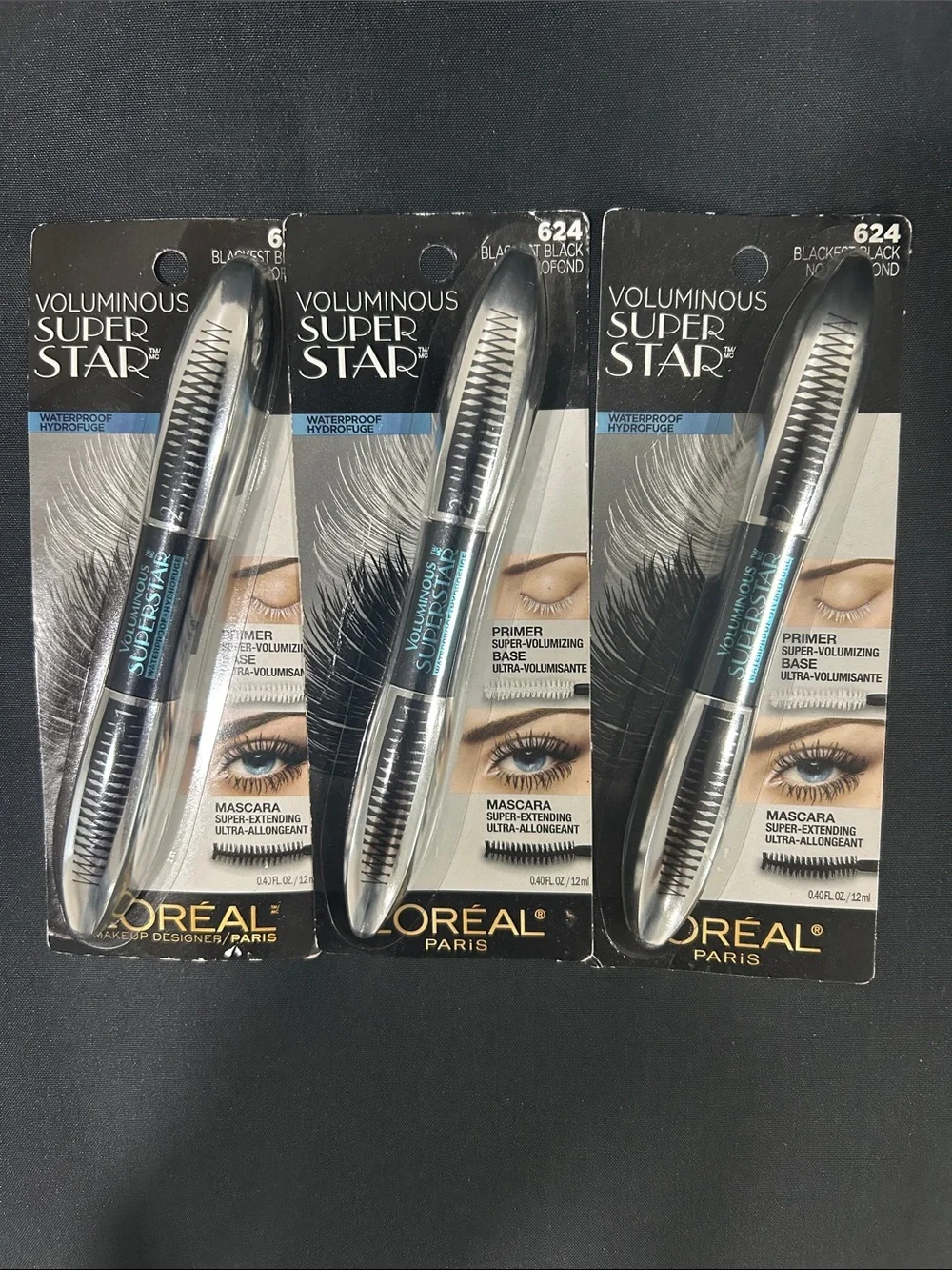 LOT OF 3 L'Oréal Voluminous Super Star Mascara in Blackest Black (624